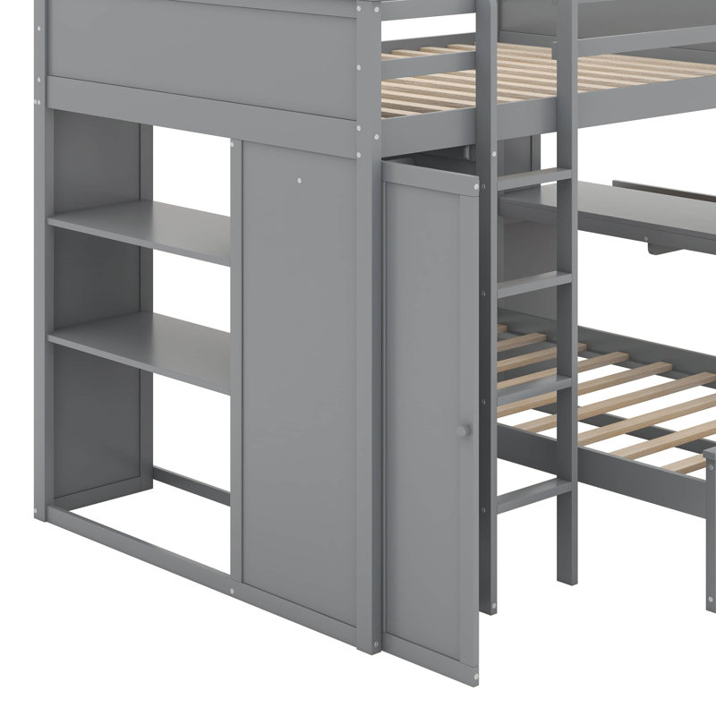 Lit mezzanine double avec lit autonome, tablettes, bureau et garde-robe, Gris
