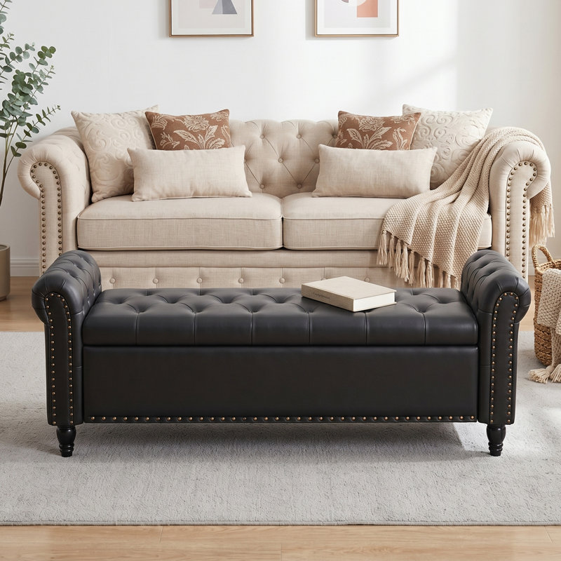 Banc de chambre à coucher avec rangement, Noir, noir, noir, noir, H 22 po x l 65,4 po x P 20 po