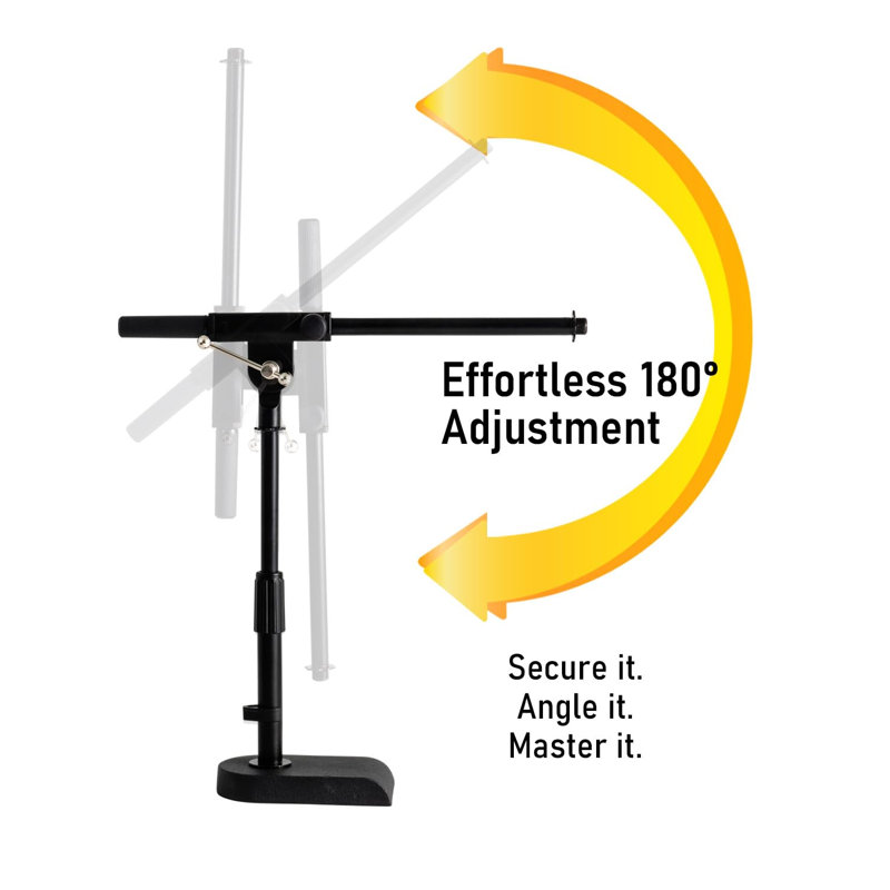 Adjustable Low-Profile Microphone Stand - Snare/Tom Bottom/Bass (Kick) Drum/Table Top, Adjustable Height, 15.75“ Telescoping Boom Arm, Clip-On Cable Holder