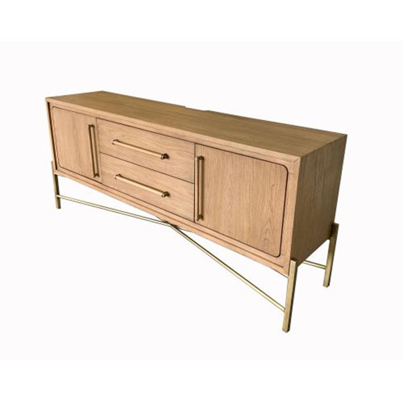 Aurora Sideboard with Metal Base & Power Outlet – Latte Elm Veneer Buffet Cabinet with Storage & Soft Close Doors