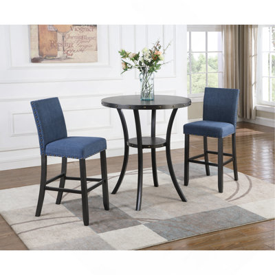3-Piece 36" Round Espresso Finish Bar Table With 2 Blue Fabric Nail Head Pub Chairs