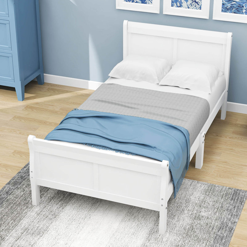 Twin Size Wooden Platform Bed with Headboard, White