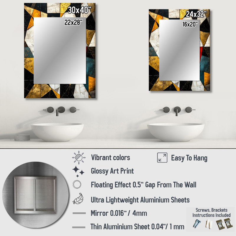 Black Yellow Fragmentation Abstract Shapes III - Abstract Shapes Mirror, Black Decorative Wall Mirror, Printed Metal Art
