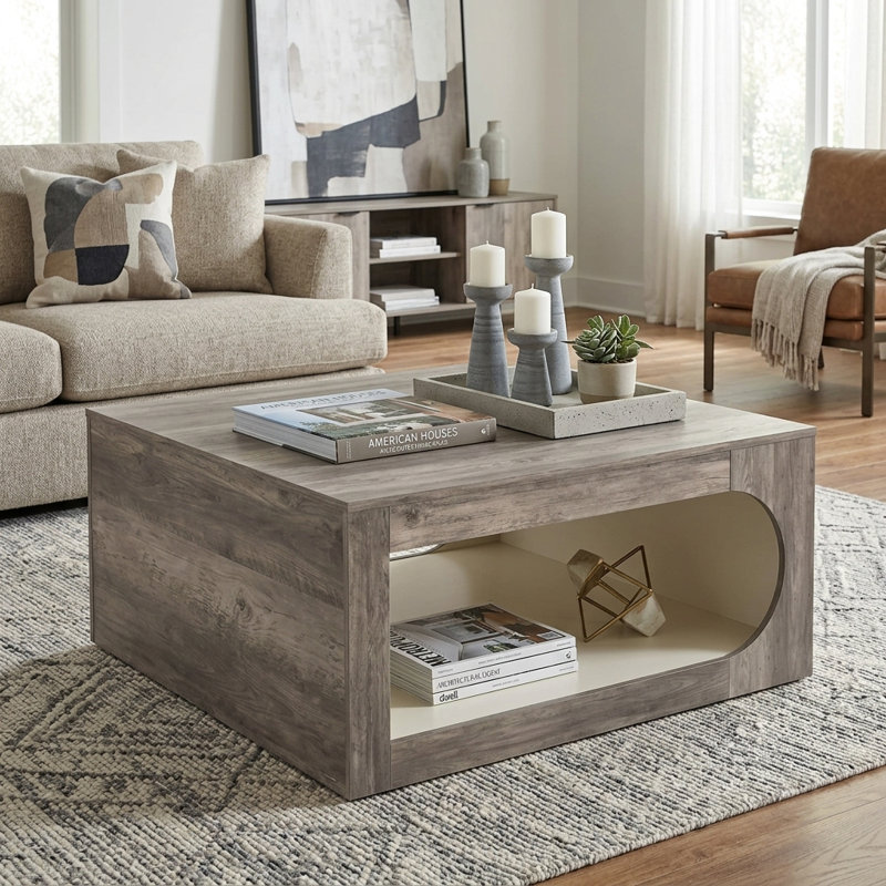 Northfleet 34.8'' W Modern Square Coffee Table with Storage, Knotty Gray Oak/Ivory