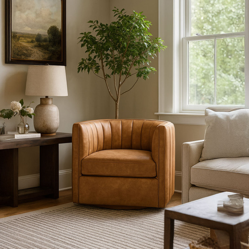 Anniya Upholstered Swivel Barrel Chair, Cognac Faux leather