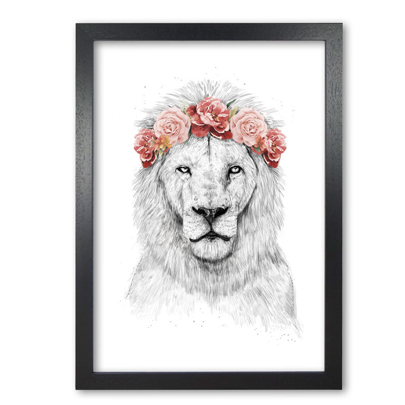 Festival Floral Lion by Mercedes Lopes Charro - Print, 29.7 cm H x 21 cm W x 5 cm D, Black Grain