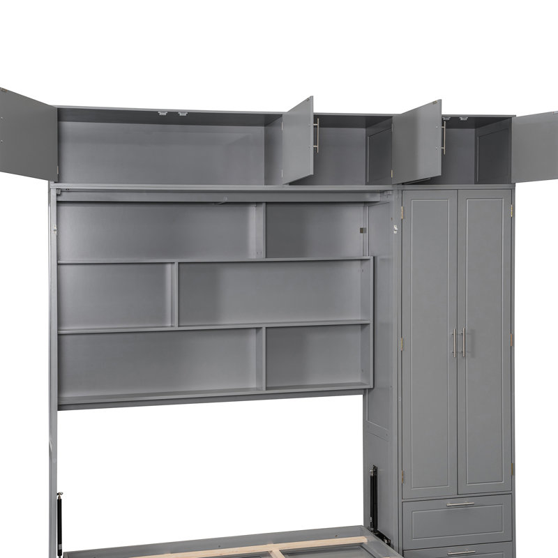 Lit escamotable grand format mural gris avec tablettes, tiroirs et garde-robe pour petits espaces suspendus