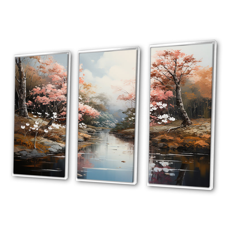 «Japanese River Forest liquid Art», ensemble d'impression d'art mural forêt, H 40 po x l 60 po x P 1 po, Cadre flottant blanc