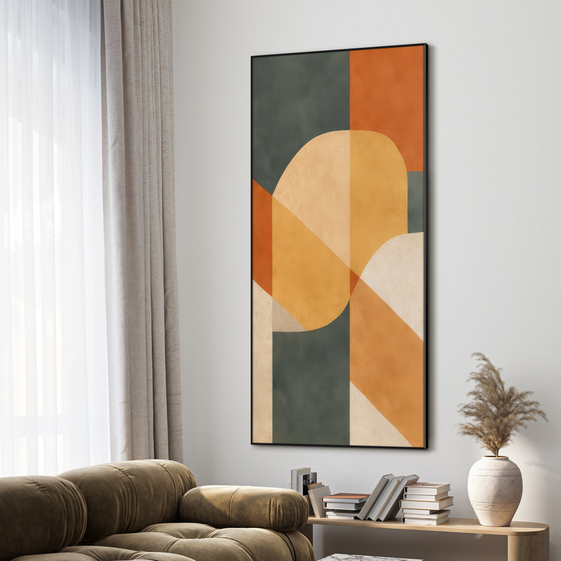 Très grande reproduction d'art sur tissu - Composition géométrique moderne de couleur orange et vert pour le salon ou la chambre à coucher - «Assemblage requis du cadre (cadre non fini)»
