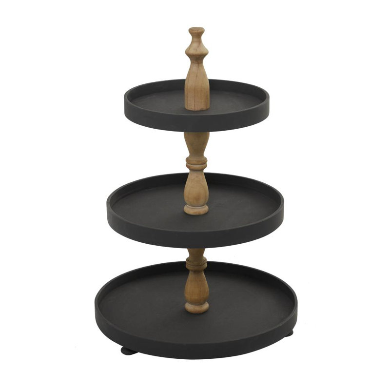 Wood 3 Level Tiered Server with Wood Post, Black