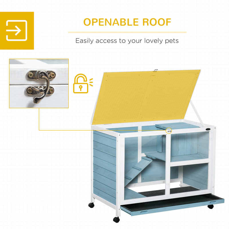 Light Blue Wooden Guinea Pig Cage with Ramp and Wheels