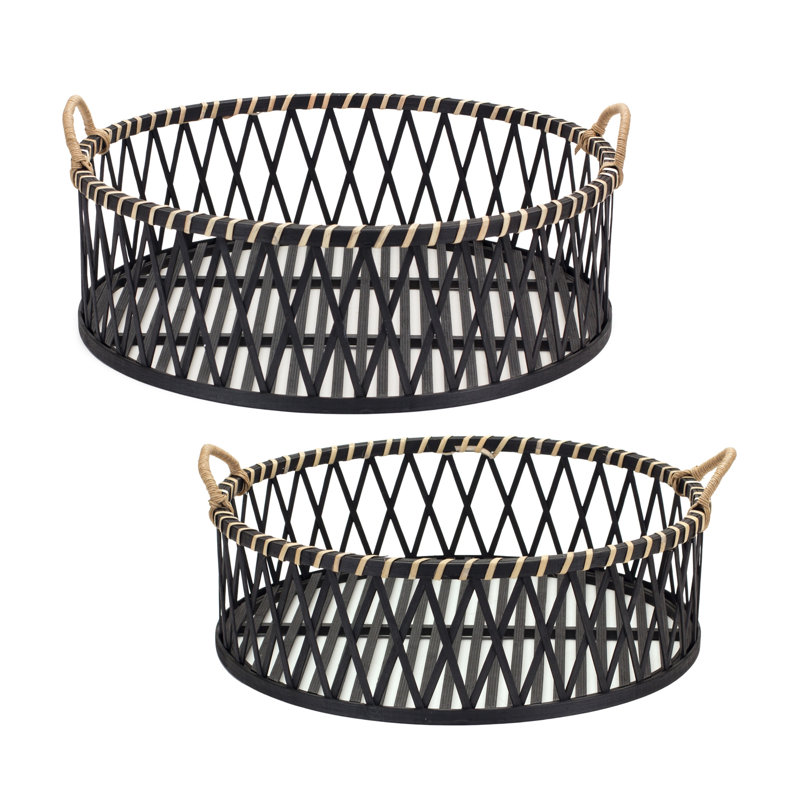 Set Of Two Black And Tan Round Bamboo Serving Tray With Handles