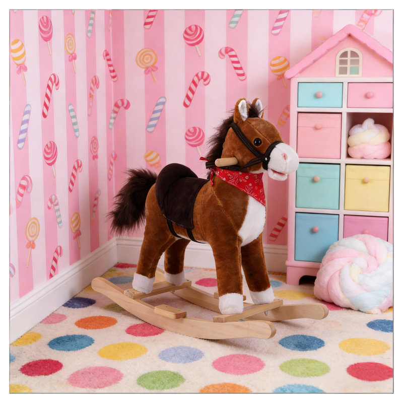Cheval à bascule brun en peluche avec mouvement et son pour enfants de 3 ans et plus