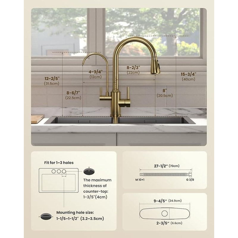 APPASO Kitchen Faucet with Water Filter, 2 Handle 3 Way Gold Kitchen Sink Faucet, High Arch 3 Hole Kitchen Faucet with Pull Down Sprayer - 3 in 1 Faucet (Without Water Filtration Device)