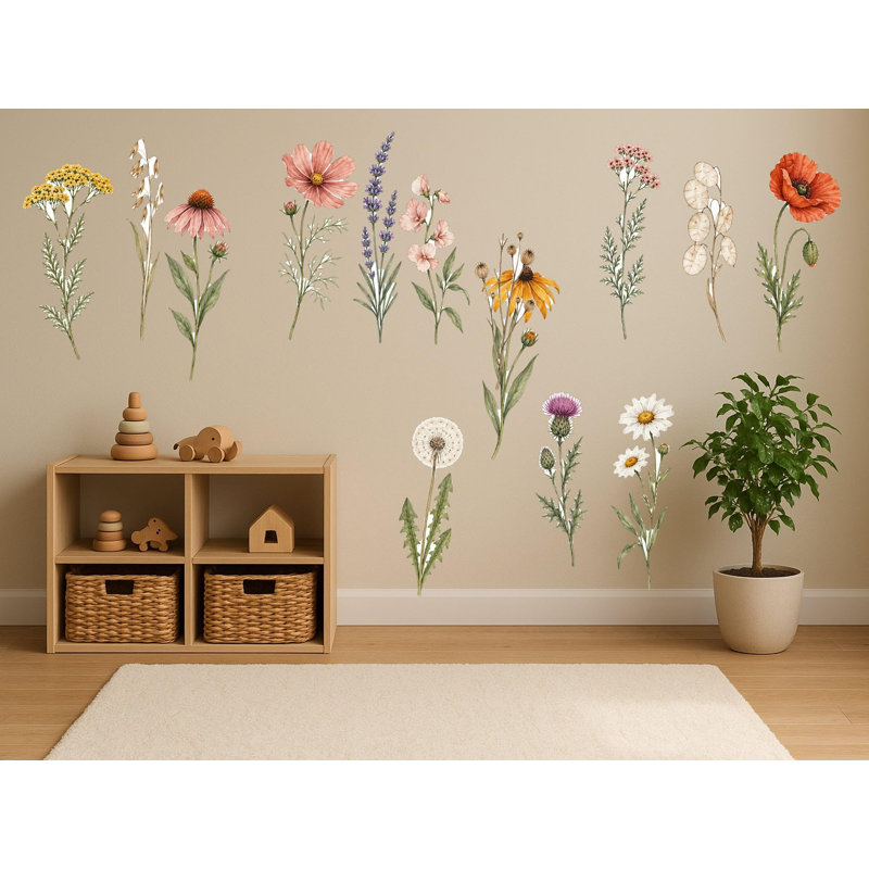 Boho Wildflower Wall Decals, Set of 14 Peel and Stick Nursery Wall Stickers, Satin Finish Removable Kids Room Wall Art, 20"W x 20"H (50 x 50 cm)