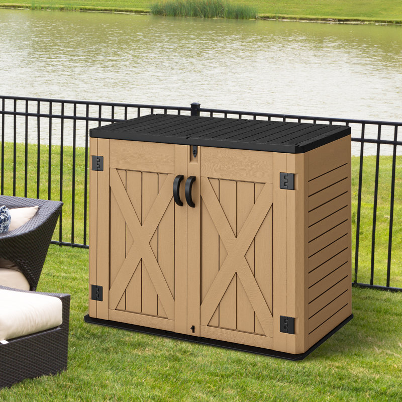 35 Cu Ft Resin Horizontal Outdoor Storage Shed with X-Shaped Lockable Door, Weatherproof Tool Shed Without Shelf, Brown/Black