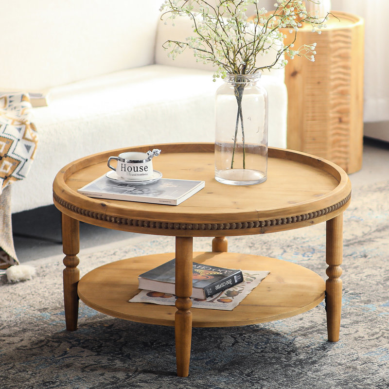 Jack 31.3" Round Coffee Table with Storage Shelf  & Solid Wood Legs