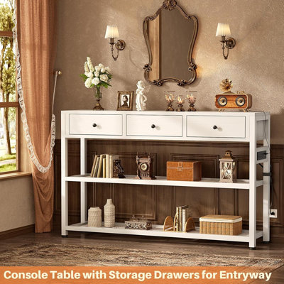 Entryway Console Table With Outlets, USB, Drawers & Shelves – White