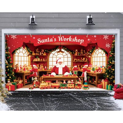 Santa's Workshop Garage Door Cover - 7x16 ft Christmas Holiday Decor with 4x6 m Ribbon Strings