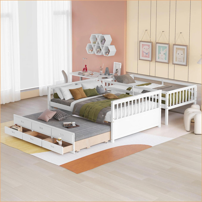 Lit superposé simple au-dessus d'un lit double avec lit gigogne simple 3 tiroirs, aucun sommier requis, blanc