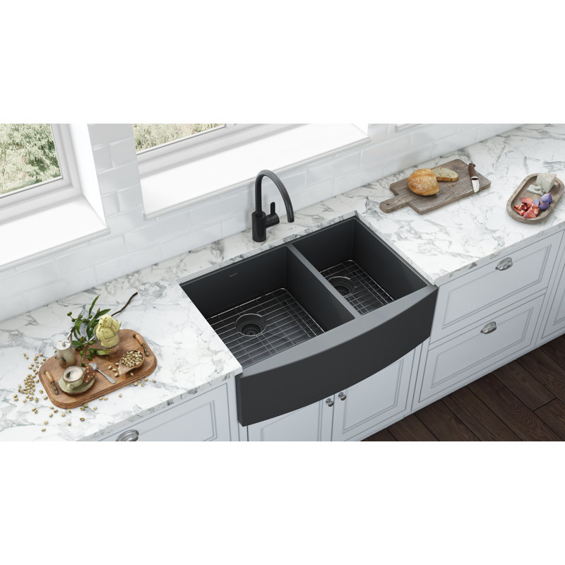 Ruvati 33-inch Stainless Steel 60/40 Double Bowl Apron-Front Farmhouse Kitchen Sink, Black