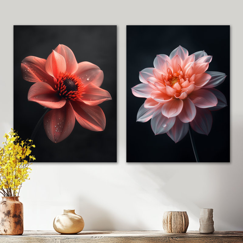 «Pink on Black Dahlia Vibes I», ensemble de 2 décorations murales florales en métal, 32" H x 48" W