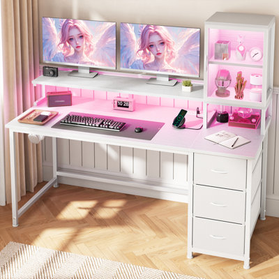 Computer Desk with 3 Fabric Drawers & 2-Tier Table Cabinet, Gaming Desk with LED Light Strip, Power Outlets & Headphone Hook
