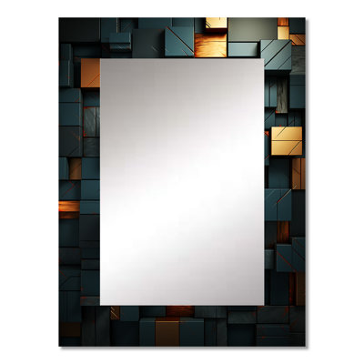 Green and gold Stylish Dark Geometric Elegance I - Tile Decorative Mirror, Modern Wall Mirror, Printed Metal Art
