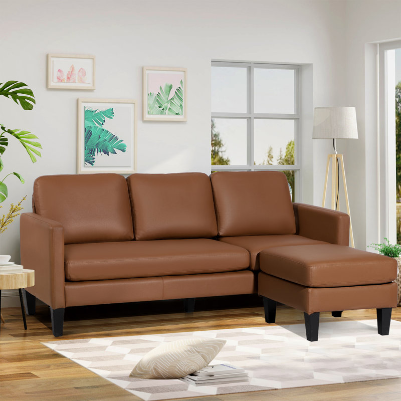 Idy Faux Leather L-Shaped Sectional Reversible, Orange/Brown Faux Leather