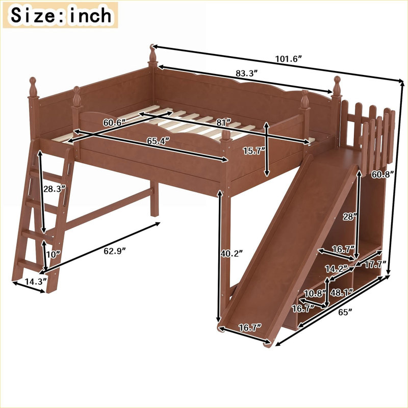 Lit plateforme mezzanine grand format, structure en bois mélangé ton bois naturel avec glissière amovible et échelles