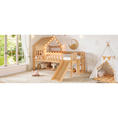 Natural Twin House Loft Bed With Magical Star Moon Design, Slide, And Rails - Easy Assembly Size Window, Themed Led Lights Effortless