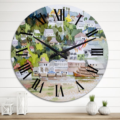 Paysage asiatique avec paquebot sur une rivière - horloge murale moderne Mid-Century
