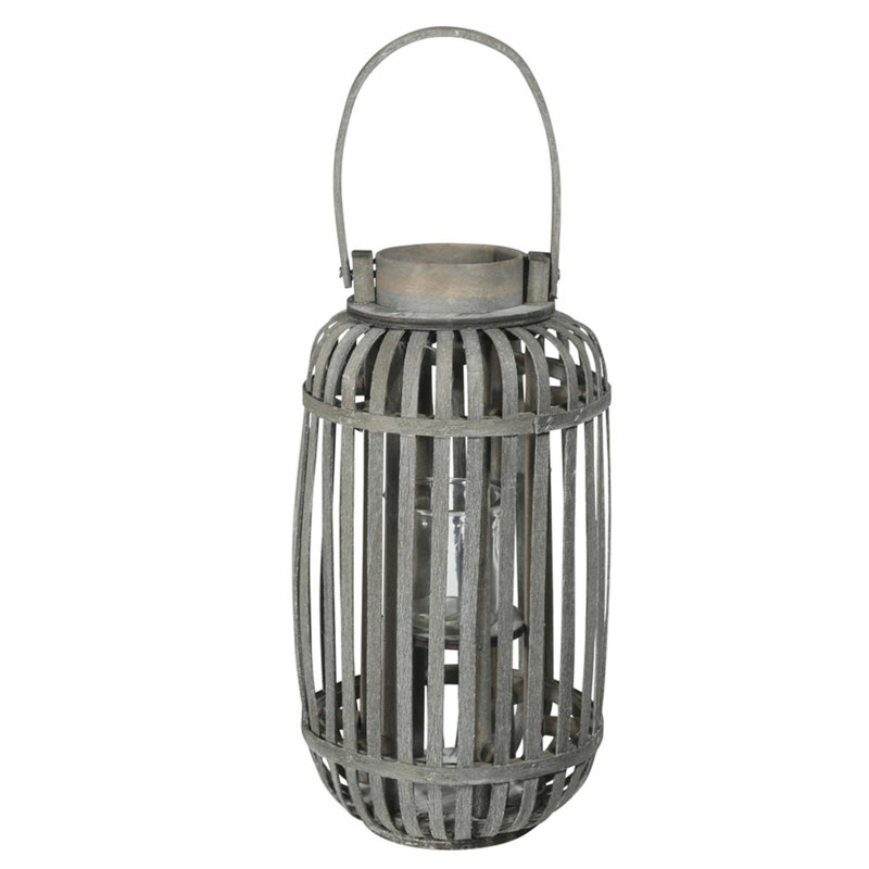 Lanterne en bois rond, Gris, H 14,5 po x l 7,75 po x P 7,75 po
