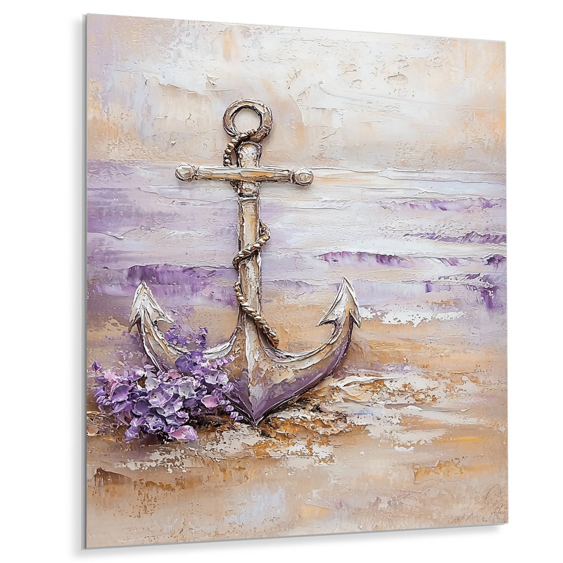 Floral Anchor On The Beach III - décor mural en métal bord de mer, impression métallique nautique, H 32 po x l 24 po
