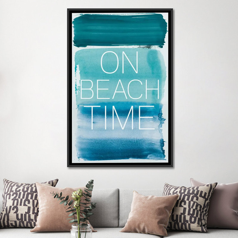 «On Beach Time», art textuel sur toile, H 26 po x l 18 po x P 1,5 po, Toile avec cadre noir, Pas de tapis