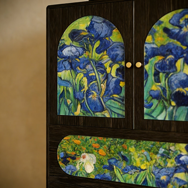 Armoire de rangement en bois massif français peint abstrait