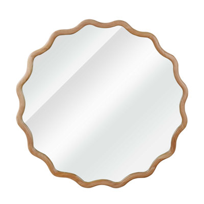 Natural Wood Color 36 Inch Wavy Round Solid Wood Frame Decorative Mirror
