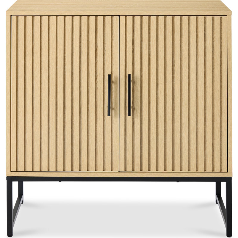 Armoire de rangement à 2 portes à lattes, meubles décoratifs avec patins antirayures, Chêne naturel