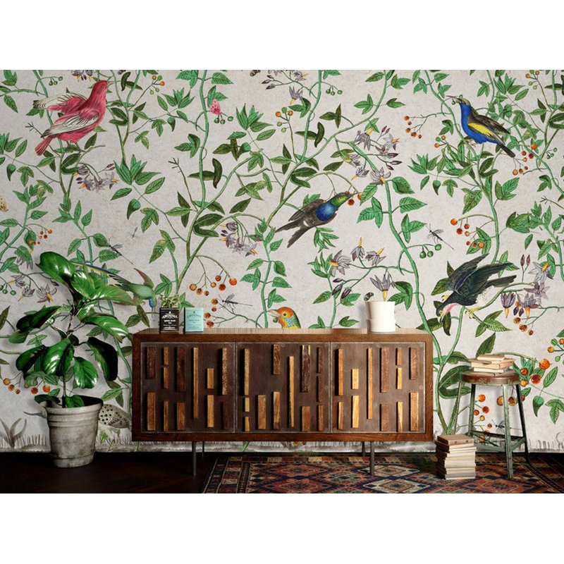 Papier peint amovible oiseaux tropicaux feuilles vertes cigogne et canard, L 98,04 po x l 150 po