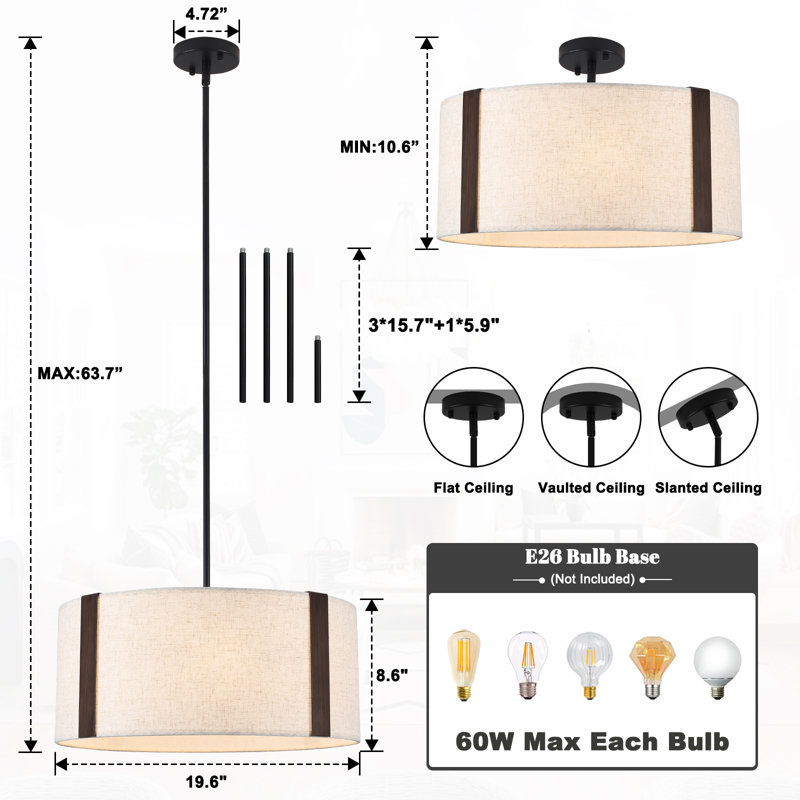 5-Light 20 Inch Farmhouse Dimmable Drum Chandelier Light Fixture With Fabric Shade For Dining Room Kitchen Living Room