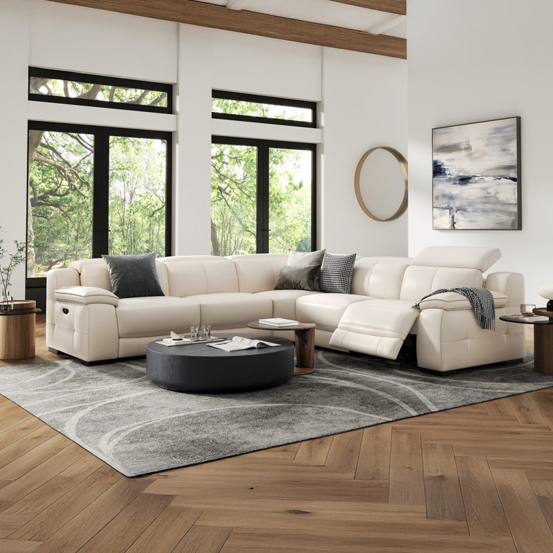 Ellie Top Grain Leather L-Shape Sofa, Beige