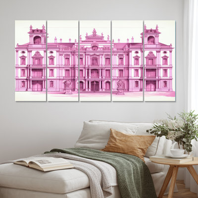 Pink Blueprint Of London Architecture I - City London Canvas Print - 5 Equal Panels