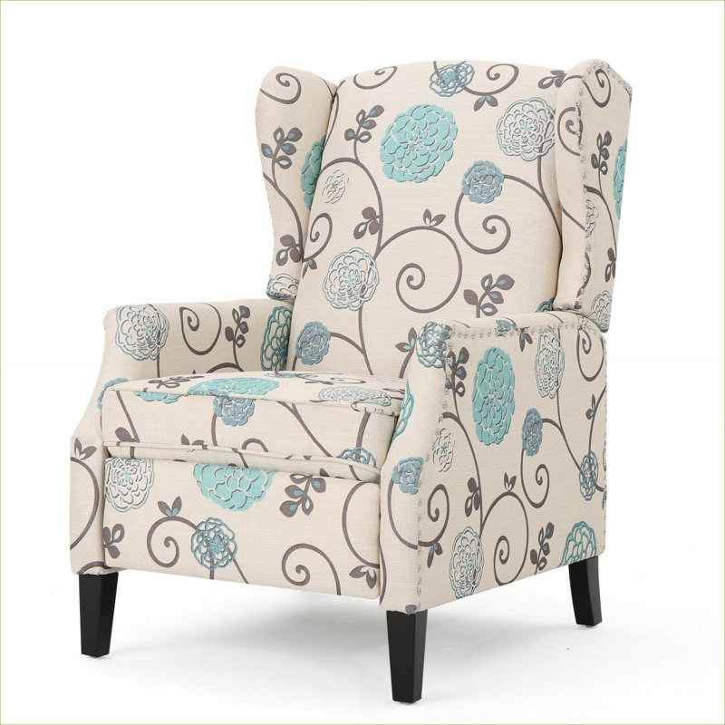 Single Seating Pushback Recliner  Classic Living Room Soft White Fabric Wingback Recliner with Nailhead Trim