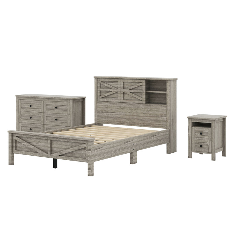 Ensemble de chambre à coucher 3 pièces avec lit plateforme Farmhouse, Double, Gris antique