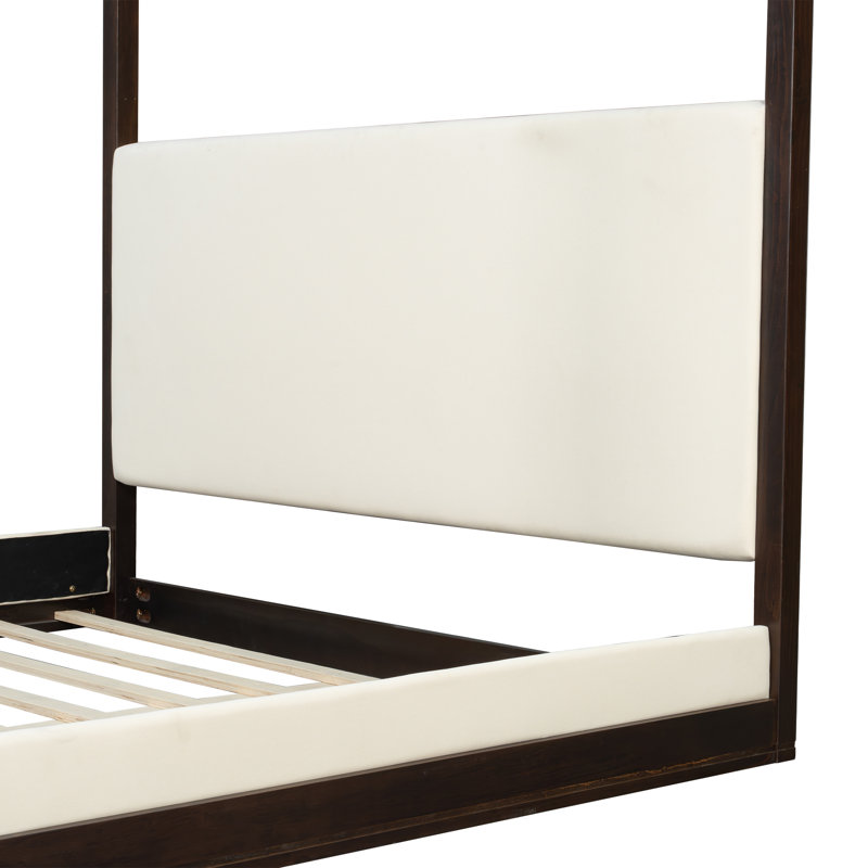 Lit à baldaquin en bois avec tête de lit tapissier Sirae, Tissu blanc / structure espresso, Très grand lit
