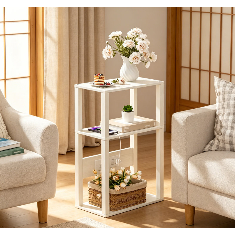 Table d'appoint en bois à 3 niveaux avec station de charge, prise USB et prises, Grey