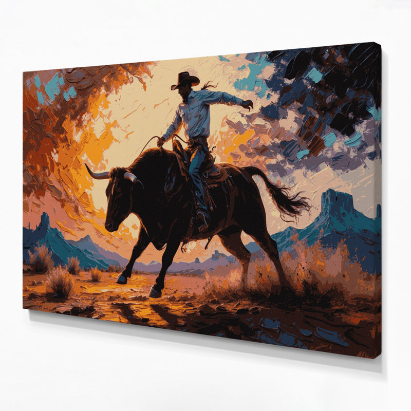 Art mural sur toile noir Southwestern Animals Bull Rider 9, H 24 po x l 36 po