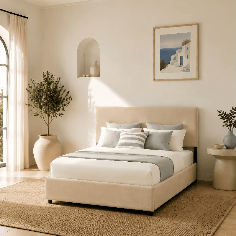 Lit rembourré avec rangement 4 tiroirs, Beige, Double