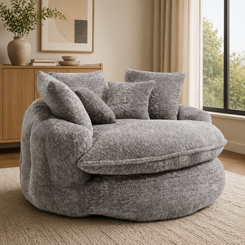 Fauteuil de 55 po en mousse de polyester, chaise ronde surdimensionnée avec coussins, Gris clair