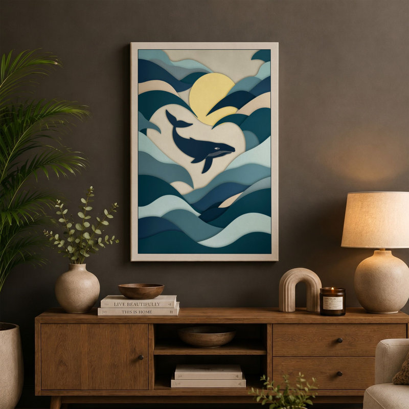 Whale in Motion Coastal - Wrapped Canvas, 18x12 - 45.7 x 30.5 cm, Ochre Border